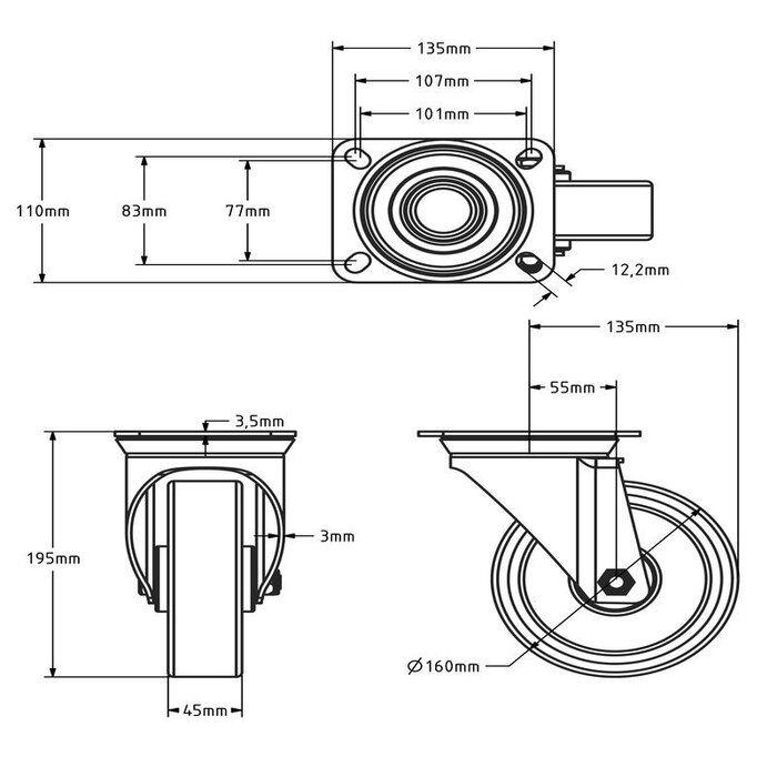PU-drejehjul 160 mm - 300 kg