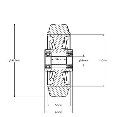 Roda de borracha 200 mm - rolamento de esferas furo 20 mm - 450 kg