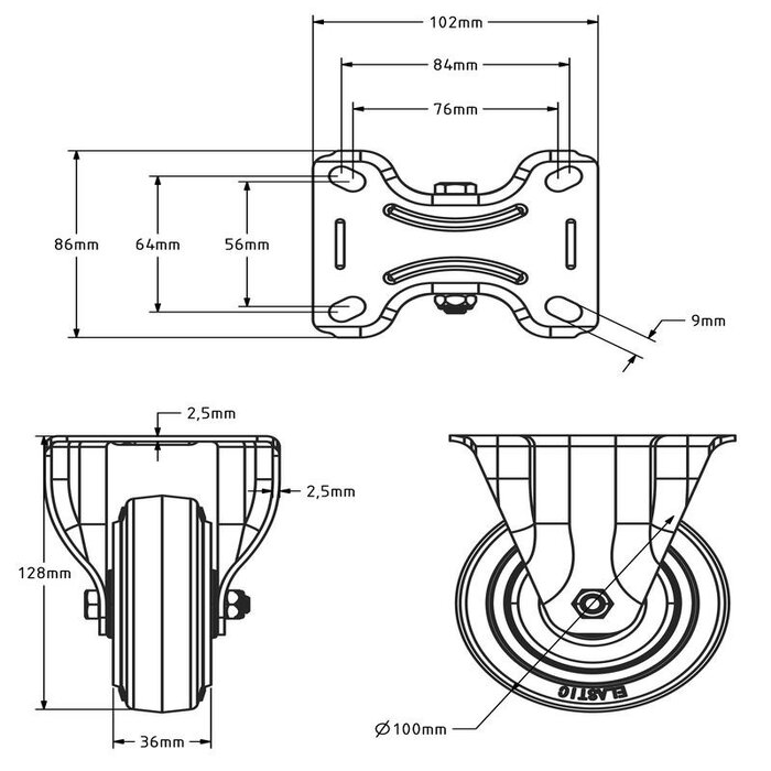 Rueda fija de goma de 100 mm - cojinete de rodillos - 160 kg