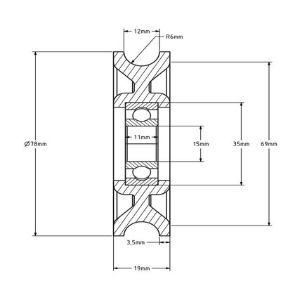 Puleggia in plastica 78 mm con scanalatura a U - 245 kg