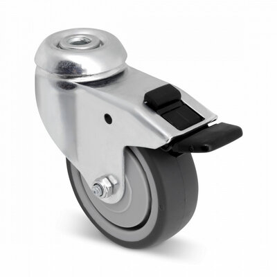 Roda giratória de borracha com travão 75 mm - furo para parafuso - 60 kg