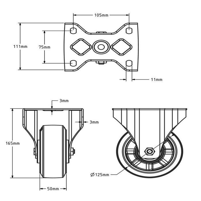 Rueda fija de goma de 125 mm - cojinete de bolas - 300 kg