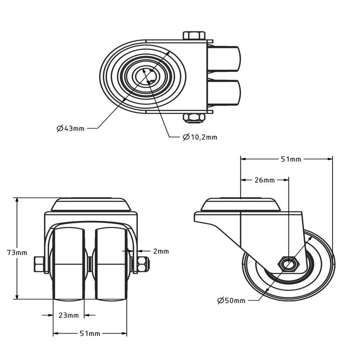 Rueda giratoria doble negra de 50 mm - agujero para perno - 80 kg