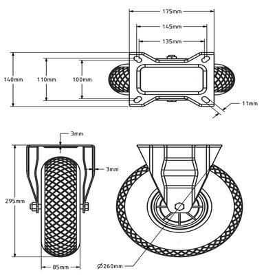 260 mm puncture-proof fixed caster - Solid PU - 150 kg