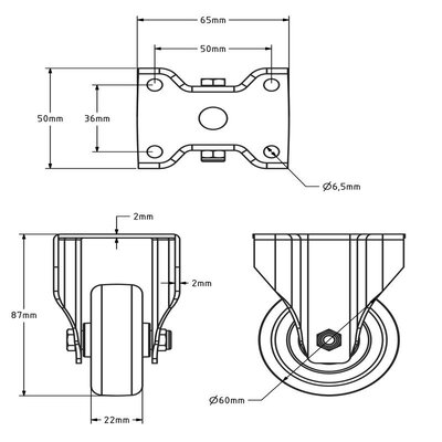 Roue fixe en acier inoxydable 60 mm - Caoutchouc - 40 kg