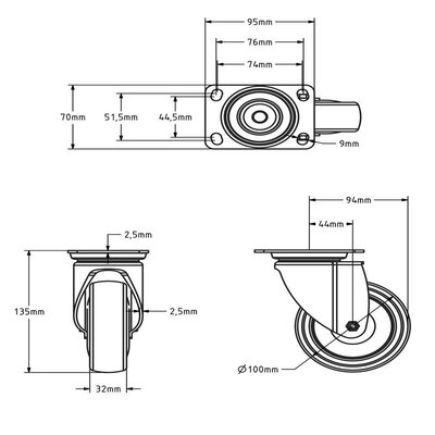 Utstyr svingbart hjul 100 mm - kulelager - 100 kg