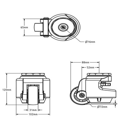 Roda giratória com base ajustável 72 mm - Nylon - furo para parafuso - 540 kg
