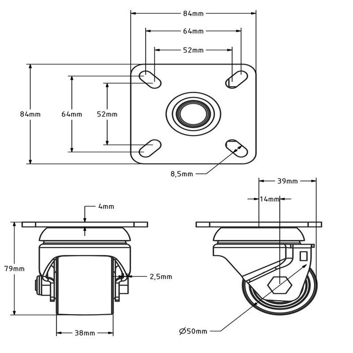 Rodízio giratório de nylon para trabalhos pesados 50 mm - 300 kg