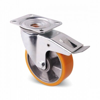 Roda giratória em PU com travão 160 mm - rolamento de esferas - 350 kg