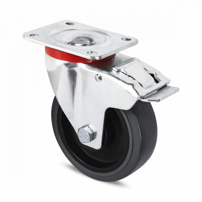 Roda giratória de borracha com travão 125 mm - rolamento de esferas - 250 kg