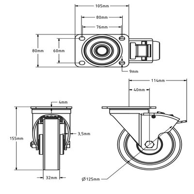 Roda giratória de borracha com travão 125 mm - rolamento de esferas - 250 kg