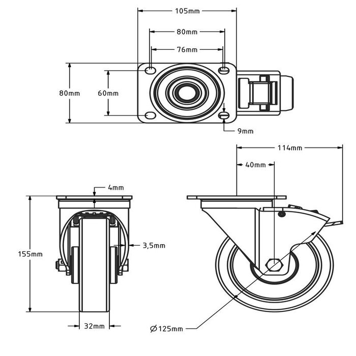 Drejeligt gummihjul med bremse 125 mm - kugleleje - 250 kg