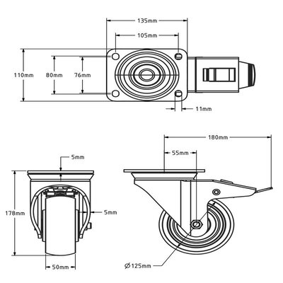 Tungt svängbart länkhjul i nylon med broms 125 mm - 700 kg