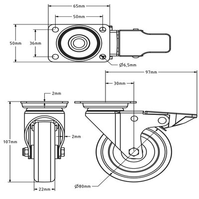 Rodízio giratório em aço inox com travão 80 mm - Borracha - 60 kg