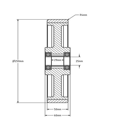 Ruota in PU 250 mm - foro per asse con cuscinetto a sfere 25 mm - 1300 kg
