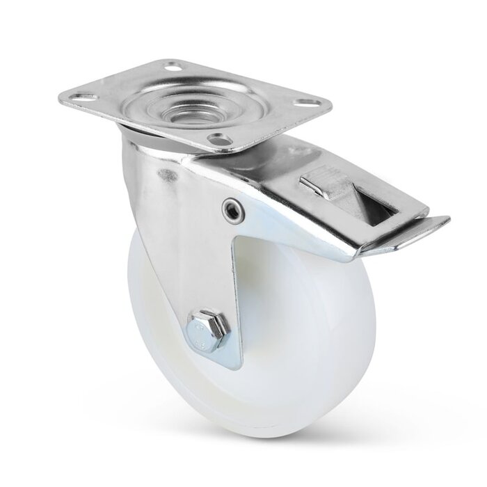 Drejeligt nylonhjul med bremse 160 mm - rulleleje - 300 kg
