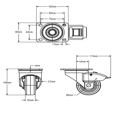 Roda giratória de nylon com travão 80 mm - rolamento de esferas - 200 kg
