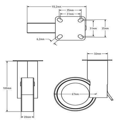 Rodízio para móveis de design cinzento com travão 67 mm - placa