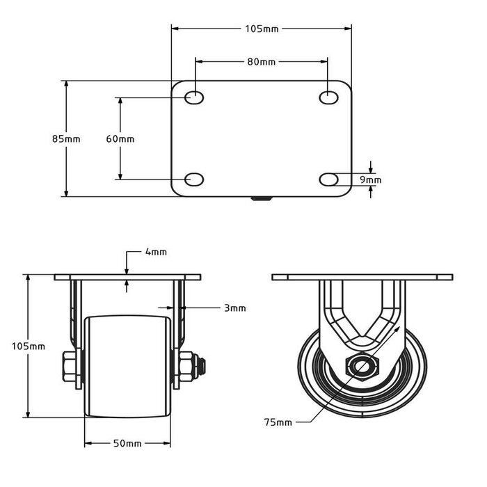 Rueda fija de nailon resistente de 75 mm - 600 kg