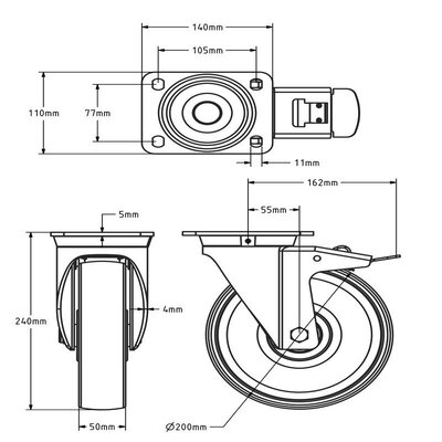 Rodízio giratório de aço inoxidável com travão 200 mm - Nylon - 900 kg