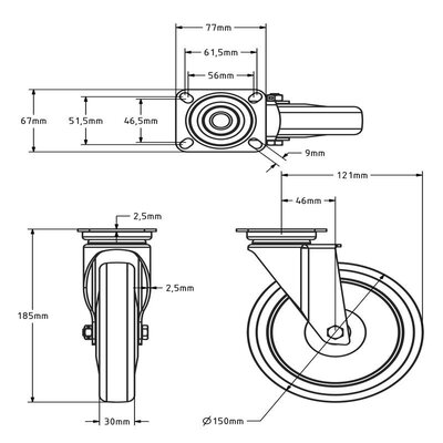 Rodízio para aparelhos 150 mm - rolamento de esferas - 100 kg