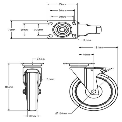 Utrustning svängbart länkhjul med broms 150 mm - kullager - 100 kg