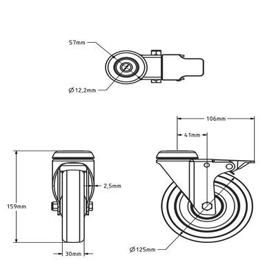 Roda giratória ESD em aço inoxidável com travão 125 mm - 100 kg