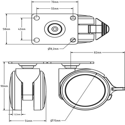 Roda para móveis preta com travão 75 mm - 70x58 - 75 kg