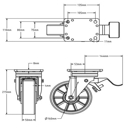 PU-svänghjul med broms 160 mm – förstärkt – kullager – 800 kg