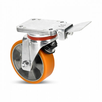 PU swivel castor with fixed brake 160 mm - reinforced - ball bearing - 800 kg