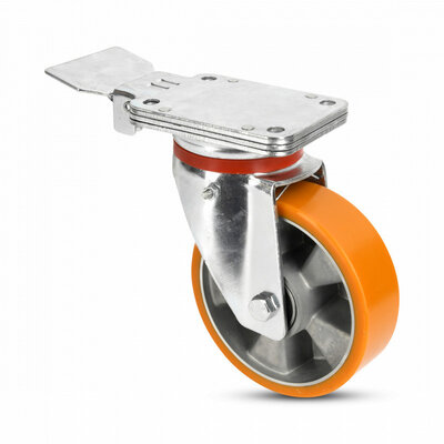 PU swivel castor with fixed brake 160 mm - reinforced - ball bearing - 800 kg