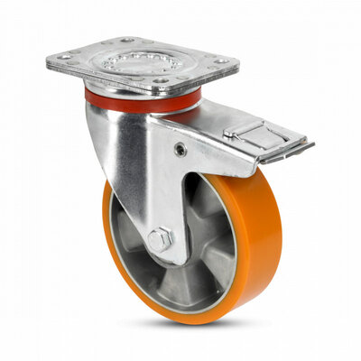 Rodízio giratório em PU com travão 160 mm - reforçado - rolamento de esferas - 800 kg