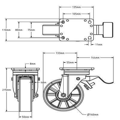 Rodízio giratório em PU com travão 160 mm - reforçado - rolamento de esferas - 800 kg