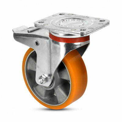 Rodízio giratório em PU com travão 160 mm - reforçado - rolamento de esferas - 800 kg