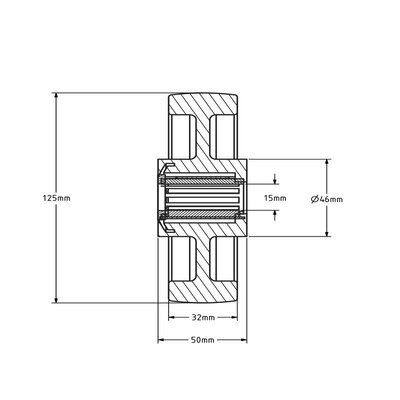 Roda em PU 125 mm - rolamento de rolos com furo de 12 mm - 200 kg