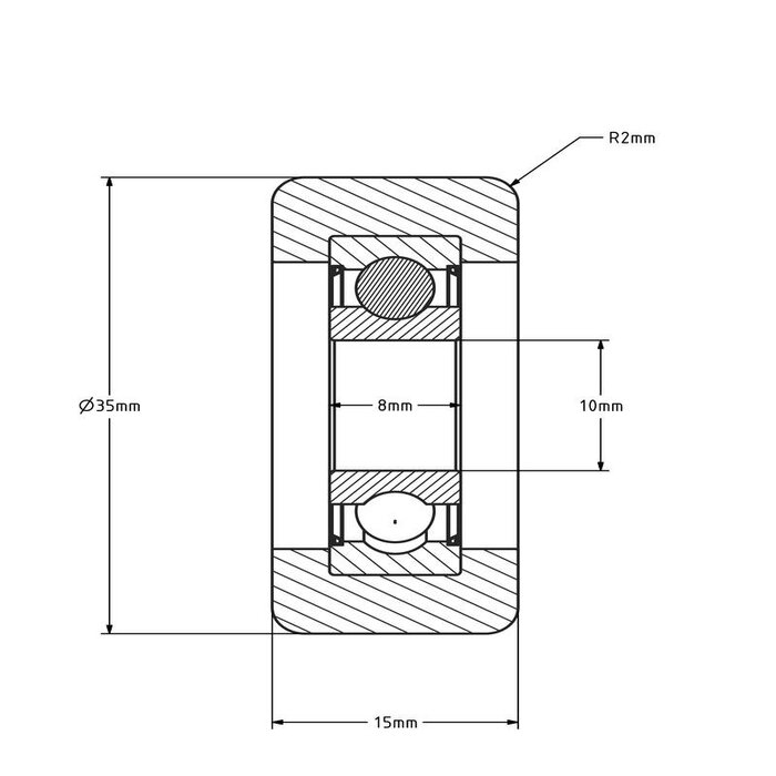 Rouleau de guidage 35x15 mm - polyuréthane - 60 kg