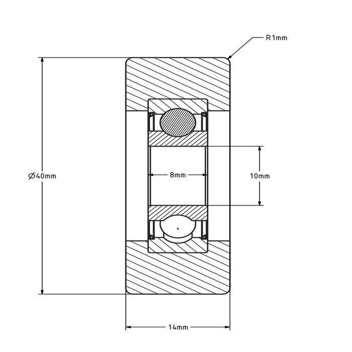 Rouleau de guidage 40x14 mm - polyuréthane - 30 kg
