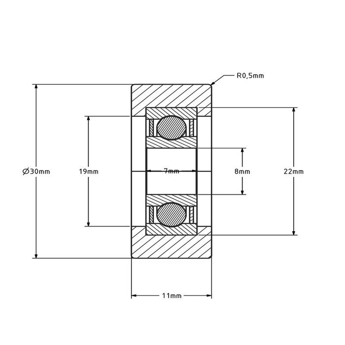 Styrerulle 30x11 mm – polyuretan – 22 kg