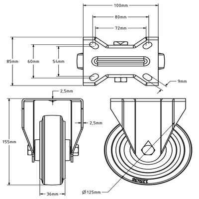 Stainless steel fixed castor 125 mm - Elastic rubber - 190 kg