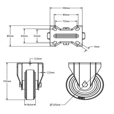 Rustfritt svinghjul med brems 125 mm - Elastisk gummi - 190 kg