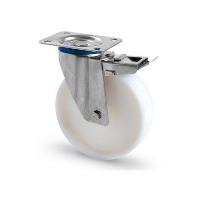 Rodízio giratório em aço inoxidável com travão 125 mm - Nylon - 150 kg