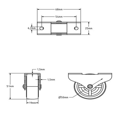 Fixed castor 50 mm - Drawer wheel - 50 kg