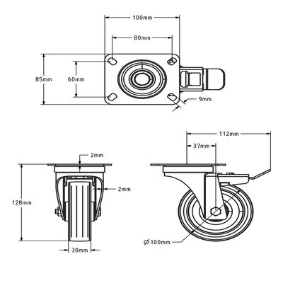 Rodízio giratório em aço inoxidável com travão 100 mm - rolamento - 150 kg
