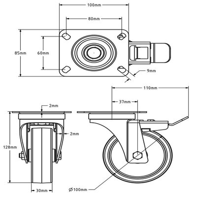 Rodízio giratório em aço inoxidável com travão 100 mm - Nylon - 150 kg