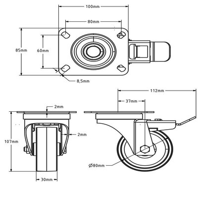 Rodízio giratório em aço inoxidável com travão 80 mm - Nylon - 120 kg