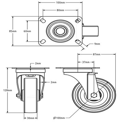 Rustfritt svinghjul 100 mm – rullelager – 150 kg