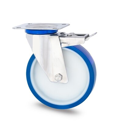 Rodízio giratório em aço inoxidável com travão 125 mm - rolamento - 200 kg