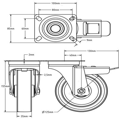 Rodízio giratório em aço inoxidável com travão 125 mm - rolamento - 200 kg