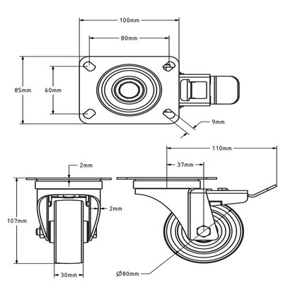Rodízio giratório em aço inoxidável com travão 80 mm - rolamento - 120 kg