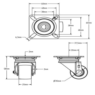 Mini svängbart hjul för tung last 35 mm – kullager – 100 kg
